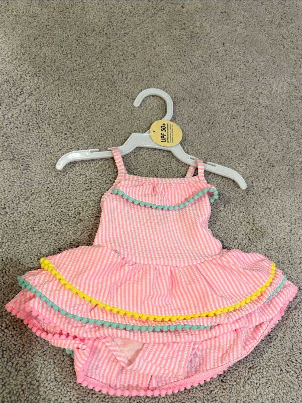 Girls Pink Striped Seersucker Ruffle Swim Dress with Pom Trim NWT - 3 MO
